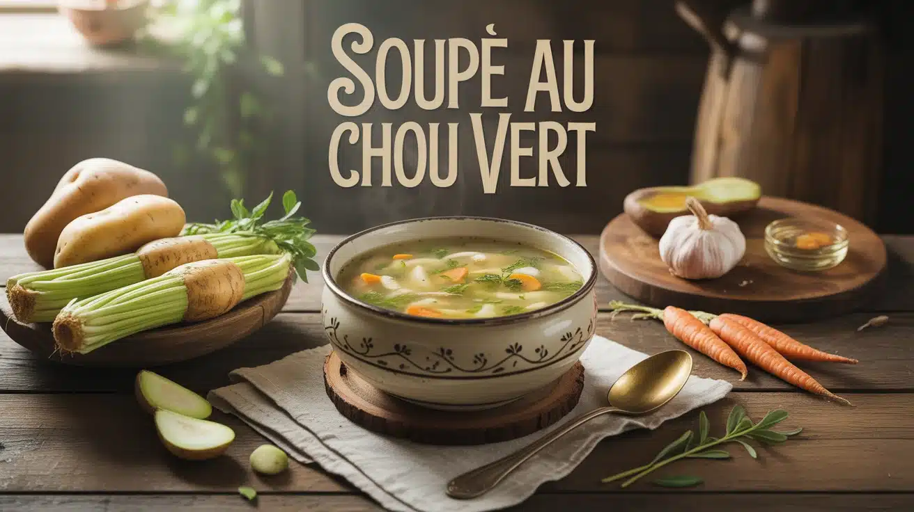 Soupe au chou vert dans un bol rustique avec ingrédients frais sur table en bois
