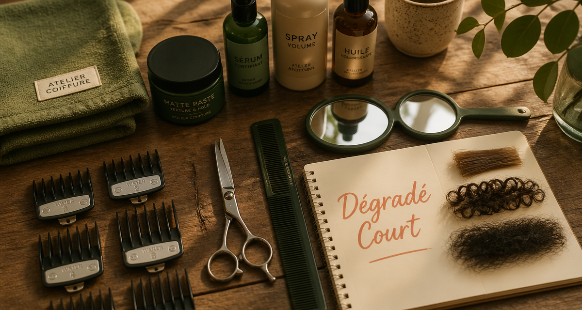 outils coiffeur degrade court flat lay