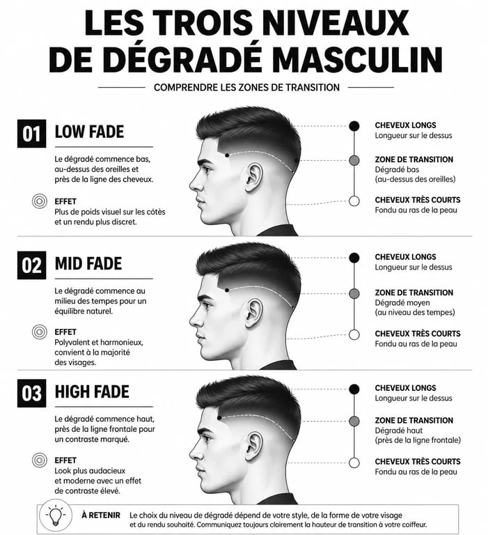 Schéma comparatif des différents types de dégradé court : low fade, mid fade et high fade