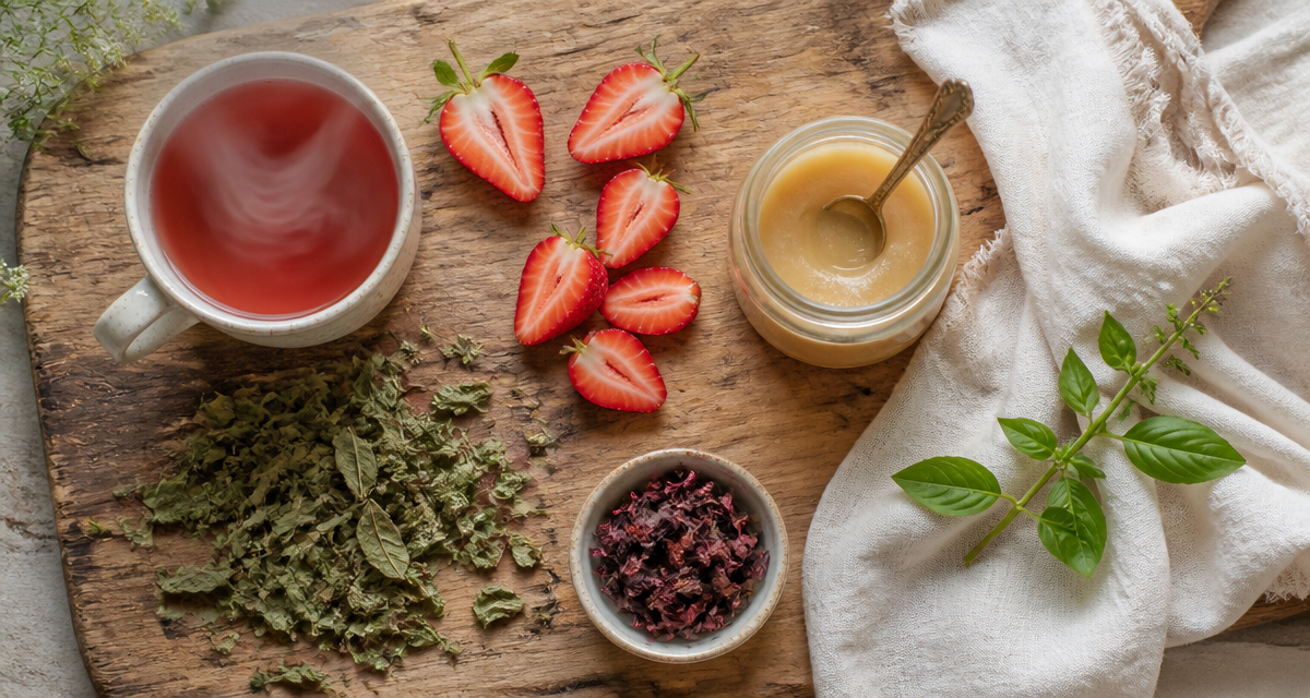 Bienfait fraise the ou tisane, mug et fruits