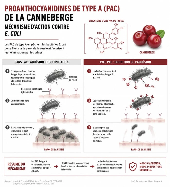 Infographie expliquant comment le jus de cranberry et les PAC empêchent l'infection urinaire par E. coli