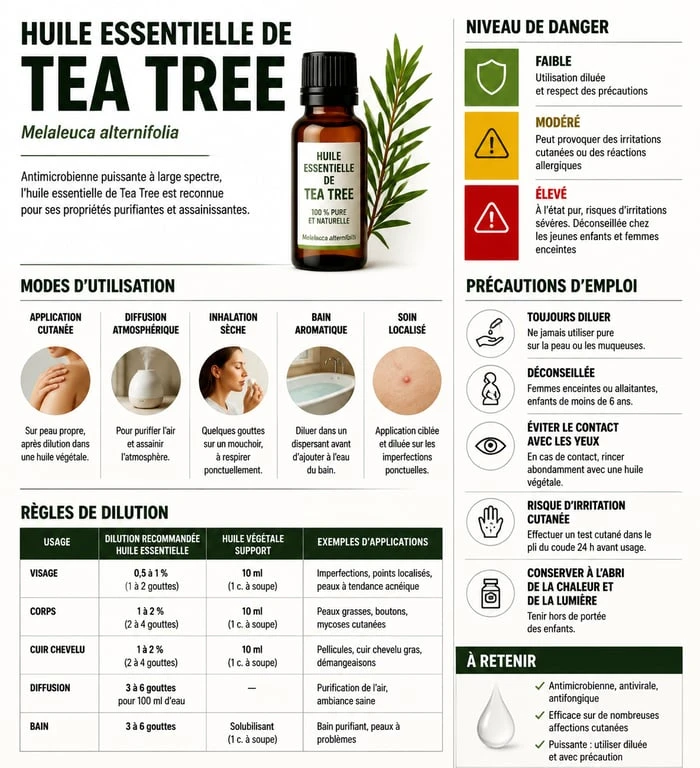 Infographie des risques et précautions d'utilisation de l'huile essentielle de tea tree