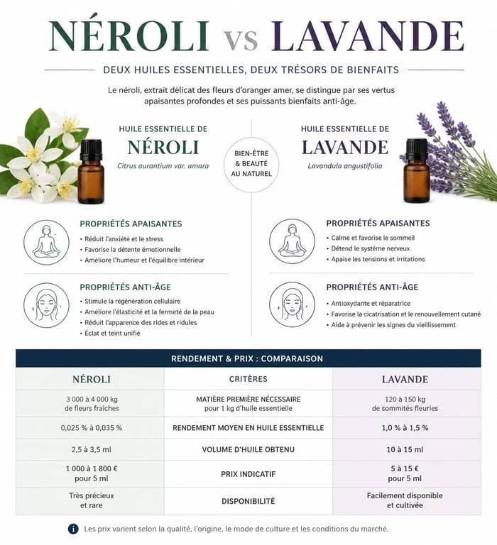 Infographie comparative des bienfaits et prix de l'huile essentielle de néroli et de lavande pour aider à choisir son huile essentielle de néroli avis.