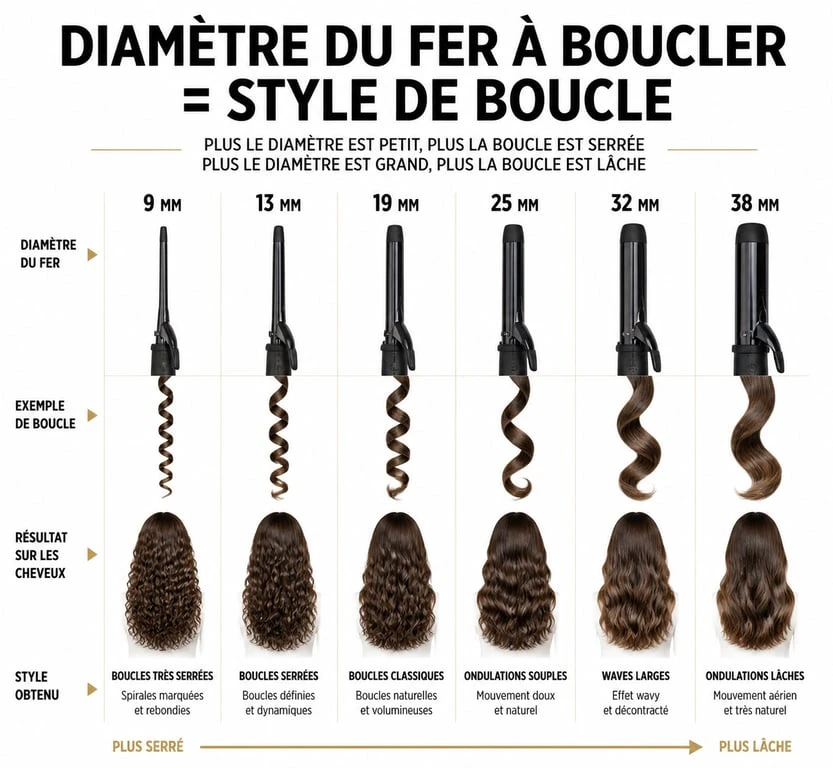 Infographie comparant les diamètres de fer bouclant pour choisir le type de boucle idéal