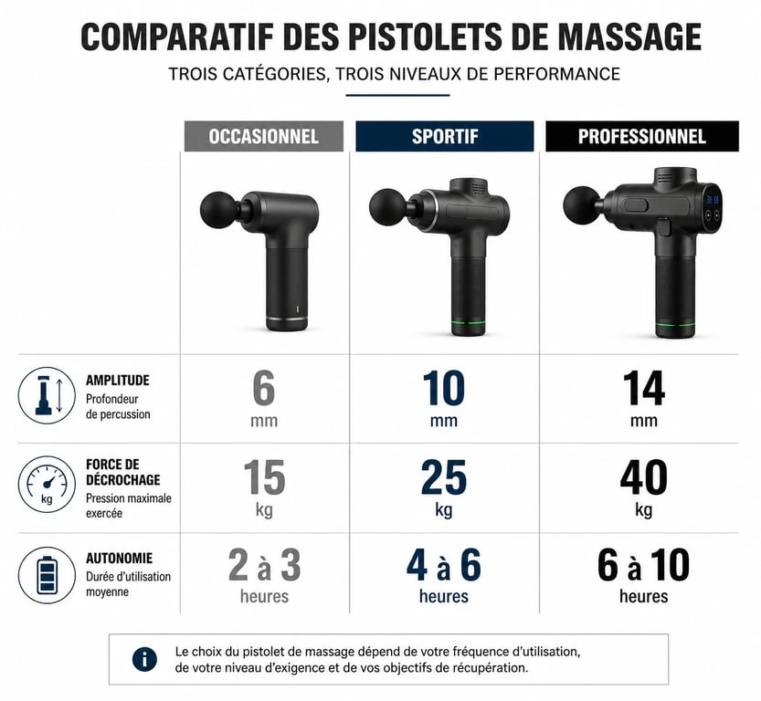 Infographie comparative des pistolets de massage : choisir son modèle selon son usage