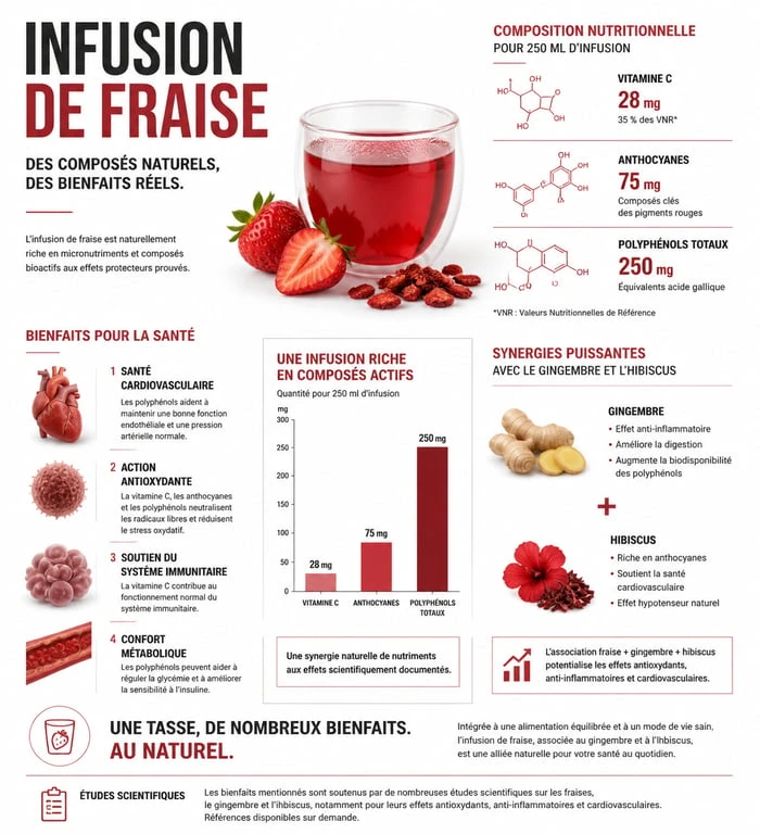 Infographie des bienfaits santé de l'infusion de fraise et ses propriétés nutritionnelles