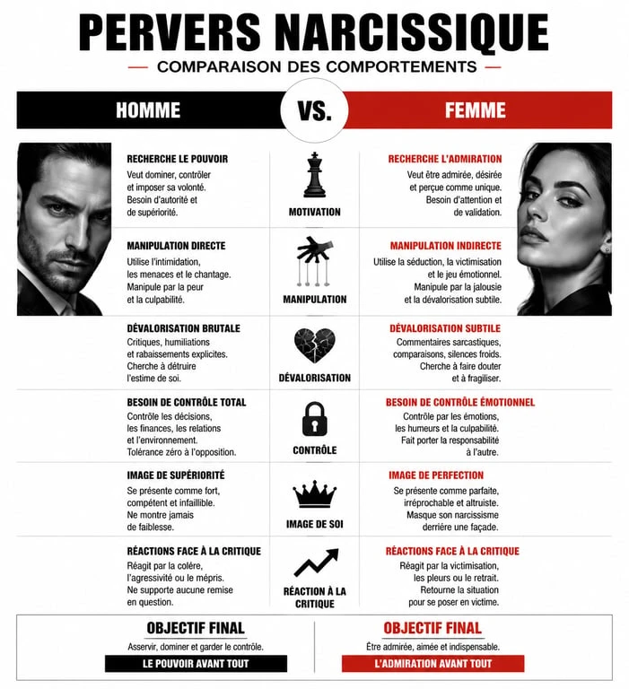 Infographie comparative des profils de pervers narcissique homme et femme