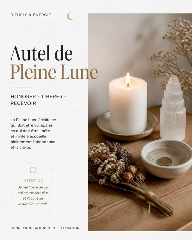 Autel de rituel de pleine lune avec bougie, cristal de sélénite et verre d'eau pour manifestation