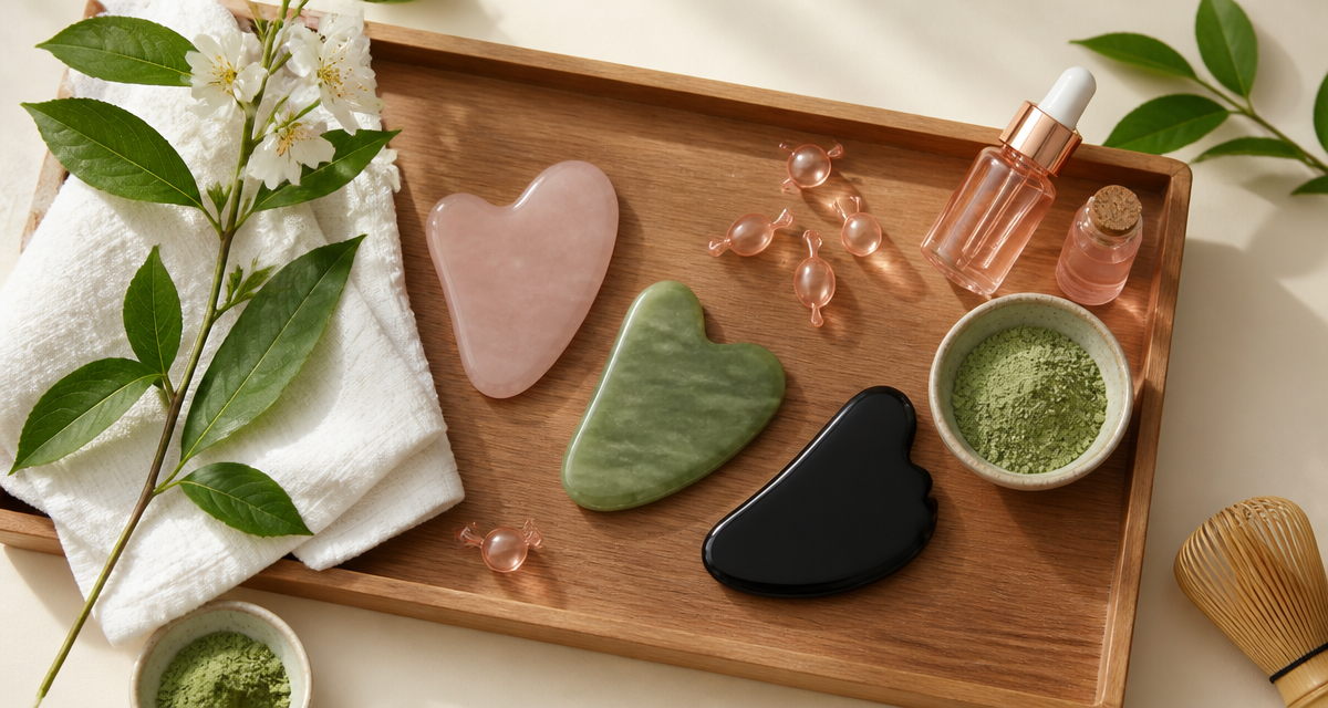 Gua sha utilisation sur plateau avec pierres et huiles