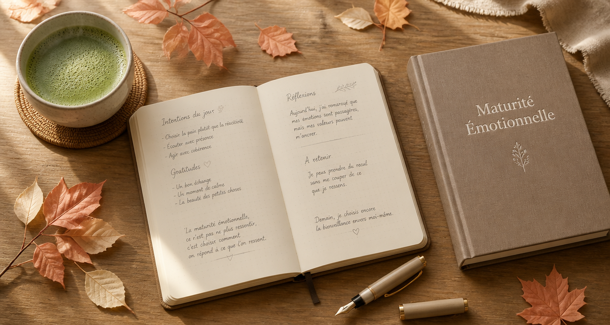 bureau flat-lay maturité émotionnelle carnet thé livre