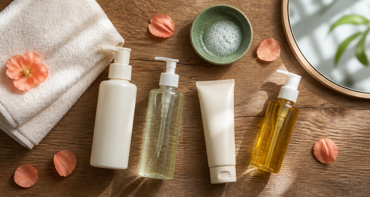 Meilleur nettoyant visage crème gel huile lait sur table bois