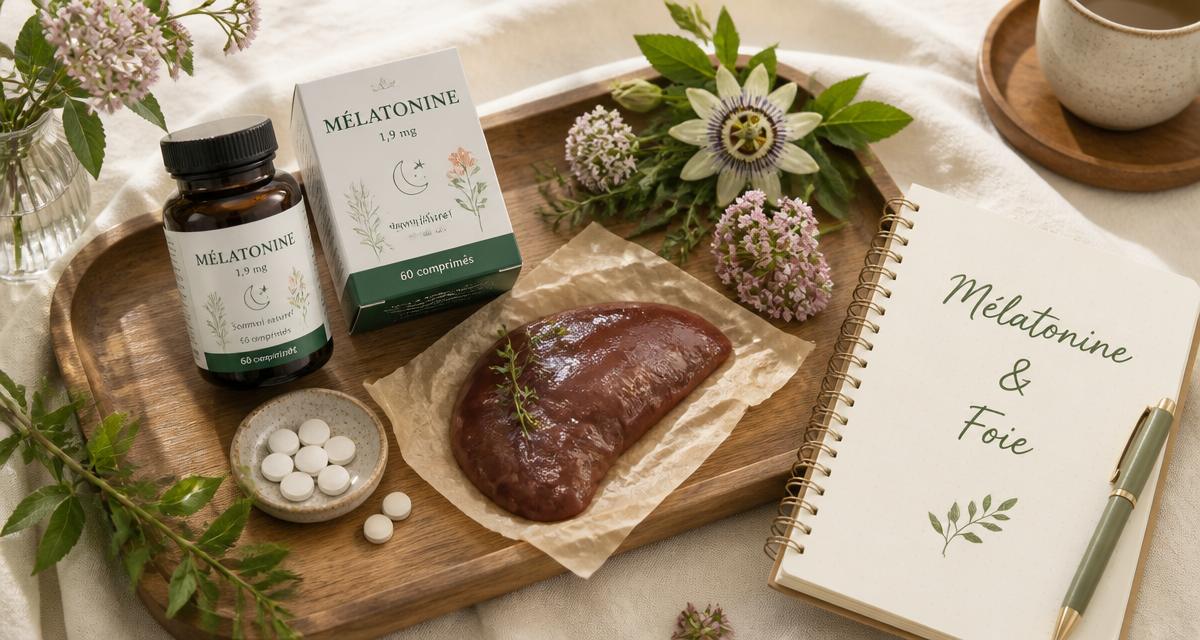 mélatonine danger foie sur plateau avec comprimés et foie