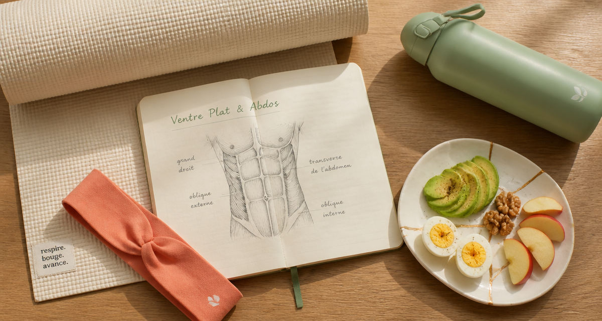 Ventre plat et abdos, aliments sains et carnet fitness