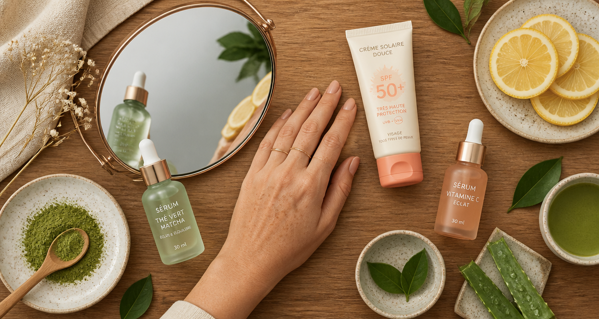 comment enlever les taches brunes sur le visage flat lay soins