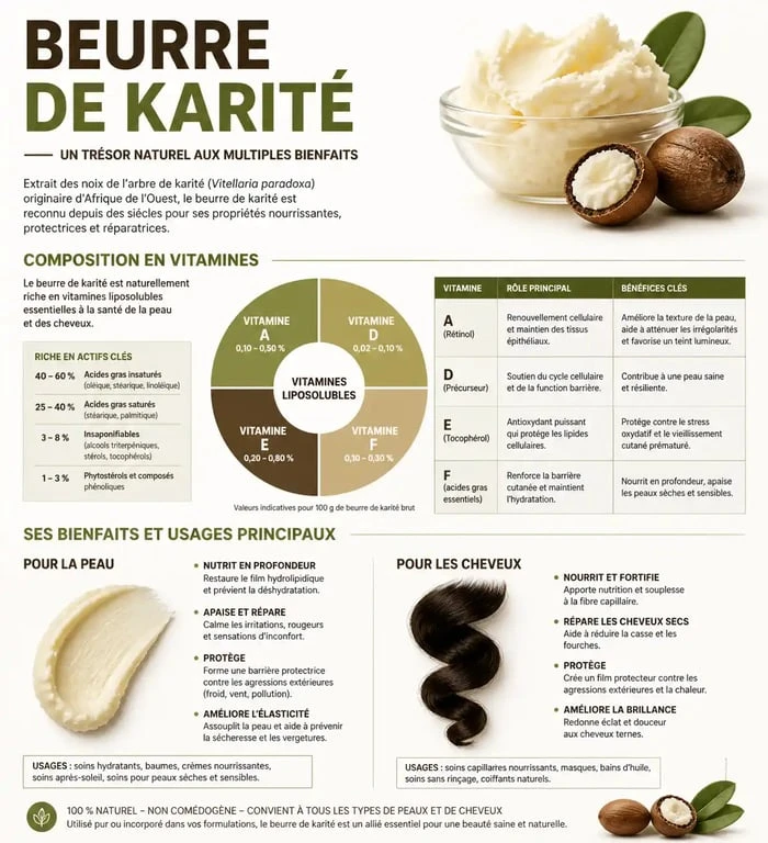 Infographie des bienfaits du beurre de karité et de sa composition en vitamines A, D, E et F pour la peau et les cheveux