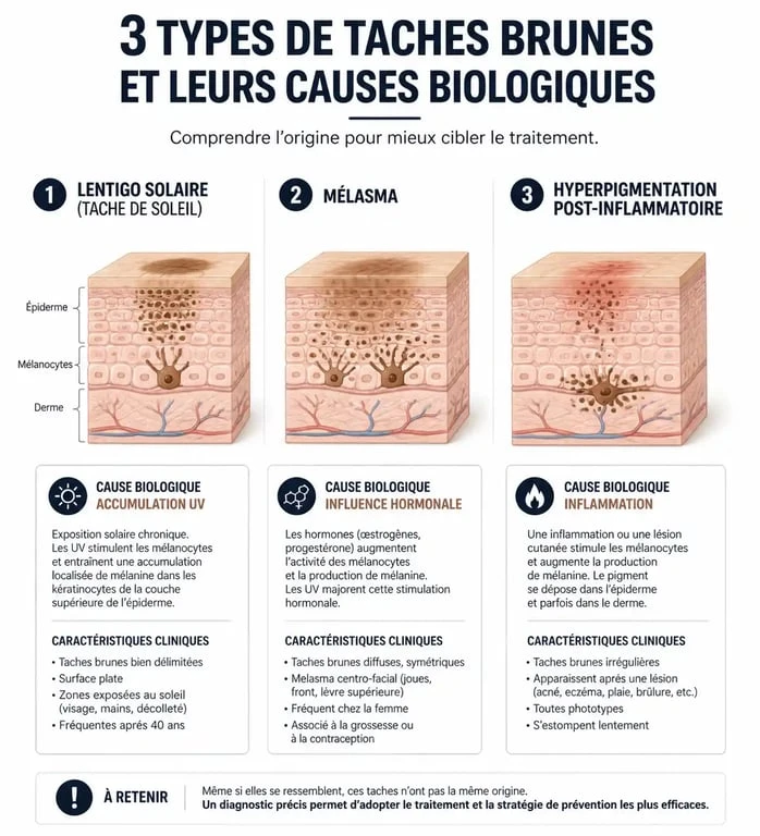 Infographie explicative sur comment enlever les taches brunes sur le visage : lentigo, mélasma et cicatrices d'acné
