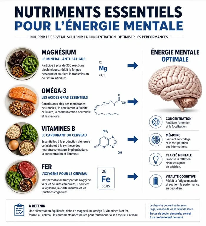 Infographie des nutriments essentiels pour retrouver de l'énergie mentale et booster ses capacités cognitives