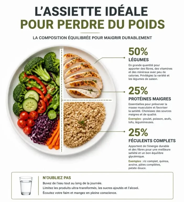 Infographie illustrant la composition d'une assiette équilibrée pour un plan alimentaire pour perte de poids