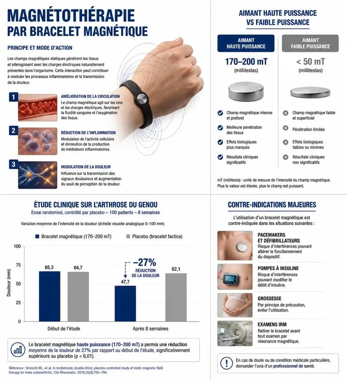 Infographie sur l'efficacité médicale et les avis sur les bracelets magnétiques pour les douleurs articulaires