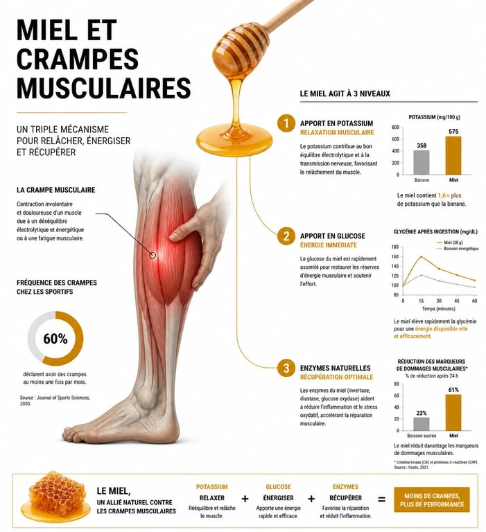 Infographie expliquant les bienfaits du miel contre les crampes musculaires et son action sur la récupération