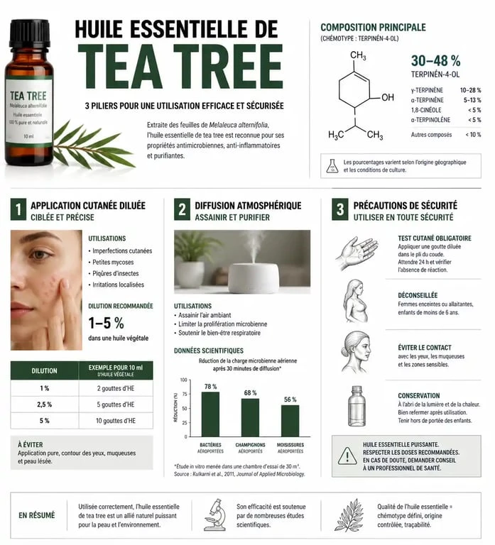 Infographie sur les bienfaits et précautions d'utilisation de l'huile essentielle de tea tree