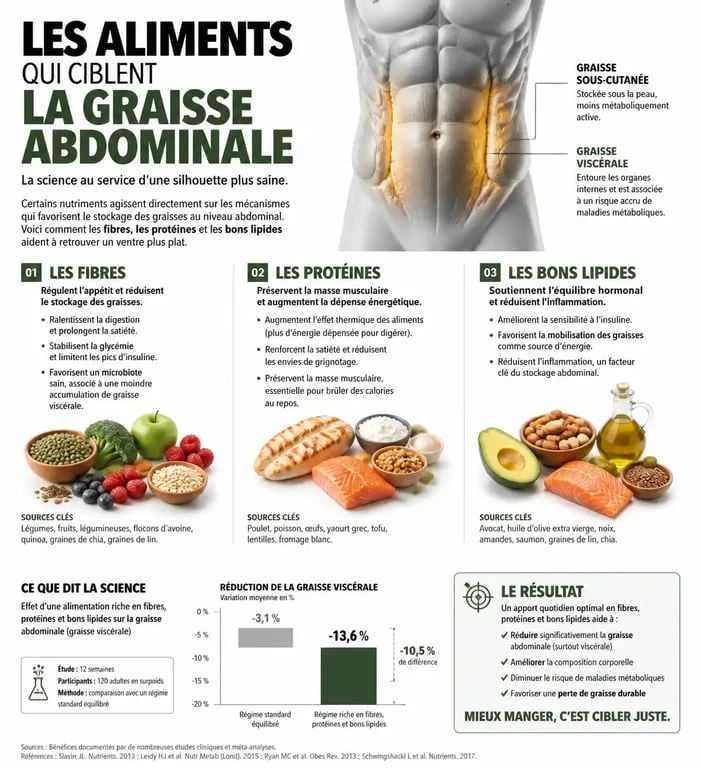Infographie sur les aliments pour perdre le ventre et réduire la graisse abdominale