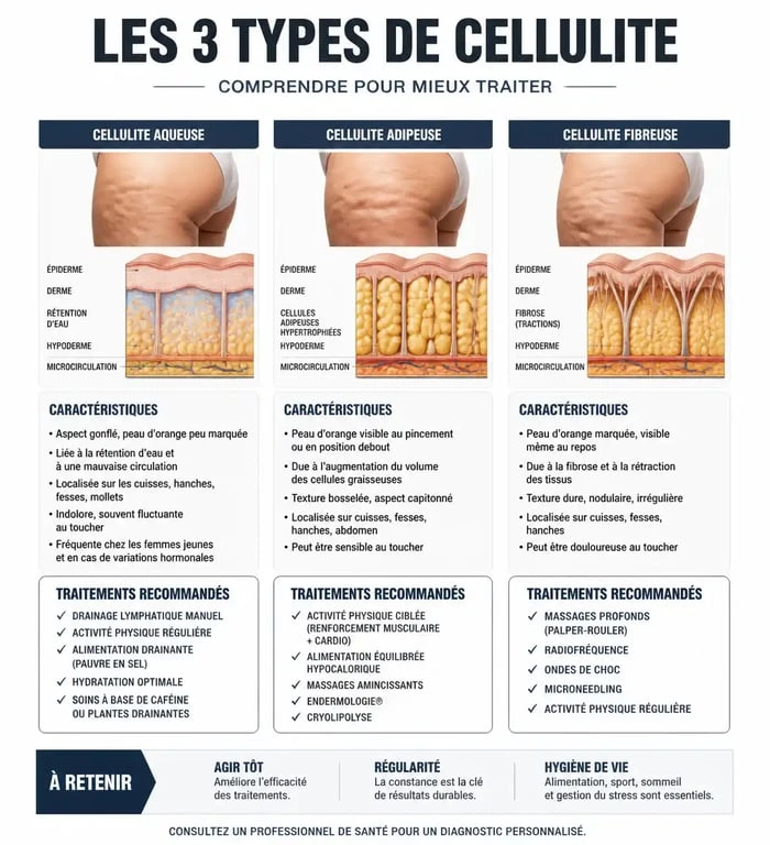 Infographie sur les types de cellulite et comment perdre la cellulite des cuisses efficacement
