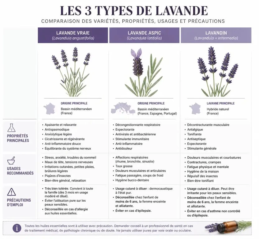 Infographie comparative des variétés d'huile essentielle de lavande : utilisation et bienfaits