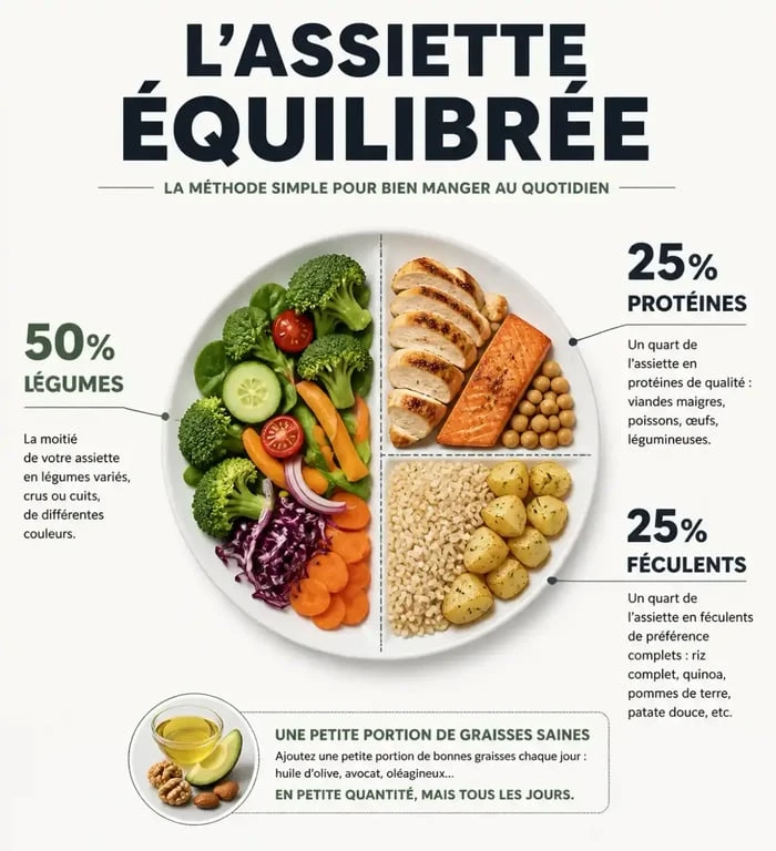 Infographie de la méthode de l'assiette équilibrée pour une alimentation saine