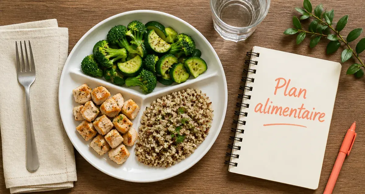 Plan alimentaire pour perte de poids : assiette avec légumes, protéines et féculents complets