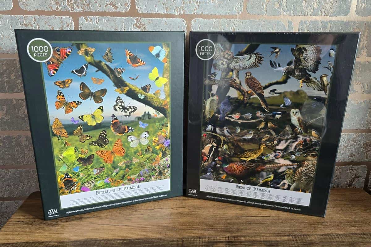 Two 1000-piece puzzle boxes by JAM rest on a wooden surface against a brick wall. Featuring "Butterflies of Dartmoor" and "Birds of Dartmoor,"