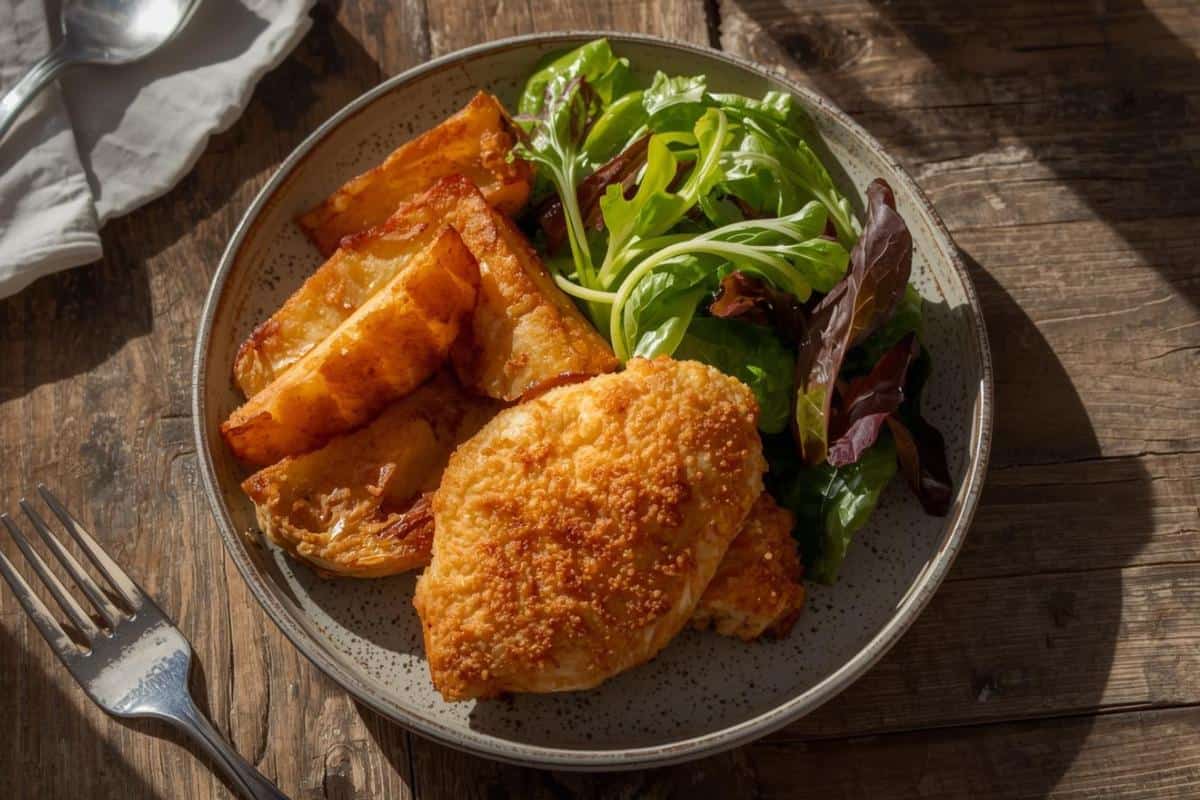 A plate with crispy air fryer buttermilk chicken fillet, golden potato wedges, and a fresh green salad sits on a rustic wooden table. Sunlight highlights the textures of the meal, with a fork placed neatly beside the plate.