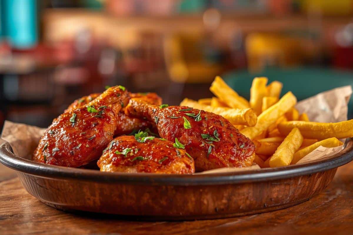 A plate of seasoned, glazed grilled chicken pieces inspired by homemade Nando’s, garnished with fresh herbs and served alongside golden chips on brown baking parchment.