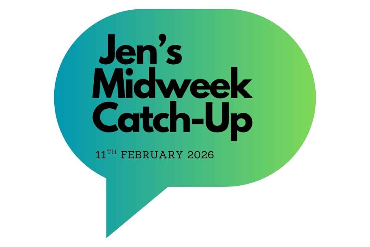 A green and blue speech bubble features bold black text reading "Jen’s Midweek Catch-Up." Below, smaller text displays "11th February 2026," highlighting the date for this Midweek Catch Up event.
