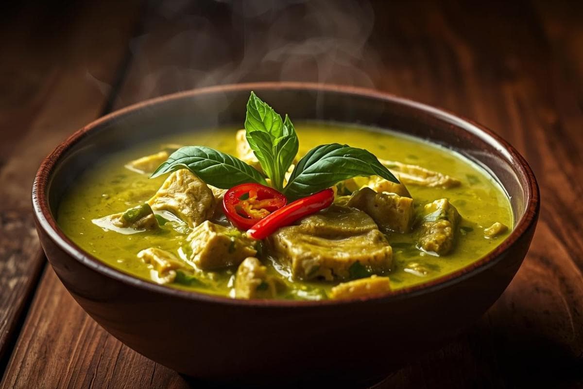 A steaming bowl of Thai green curry with tender chicken, garnished with fresh basil leaves and sliced red chilli, served in a brown bowl on a wooden table.