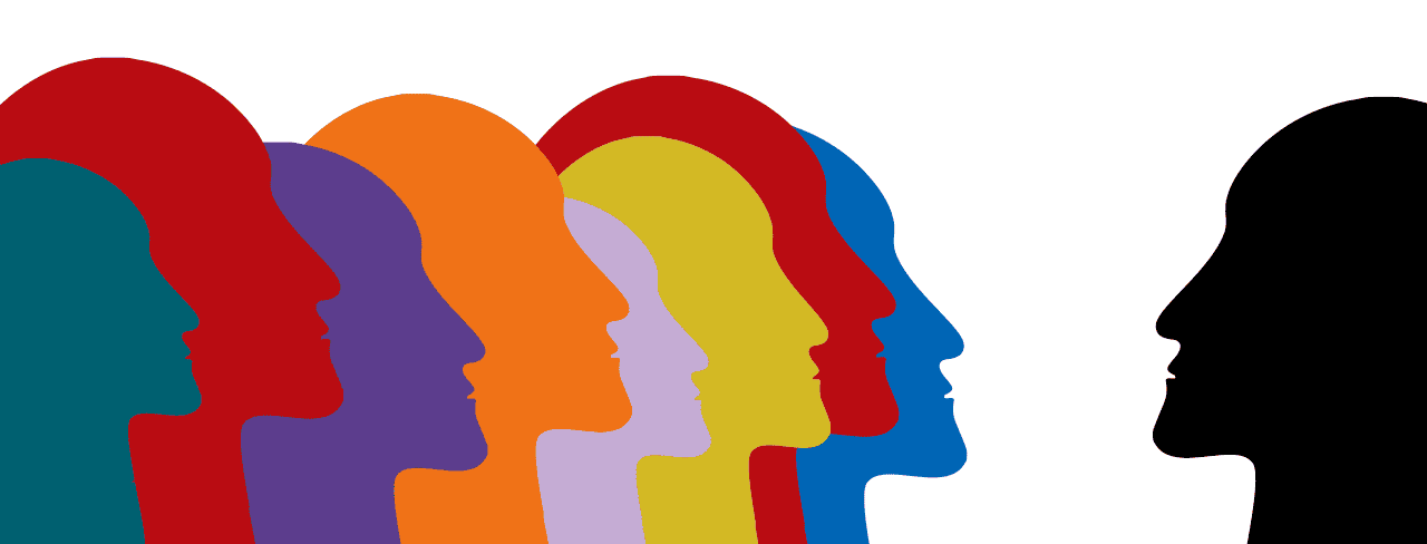 multi-coloured silhouettes of faces