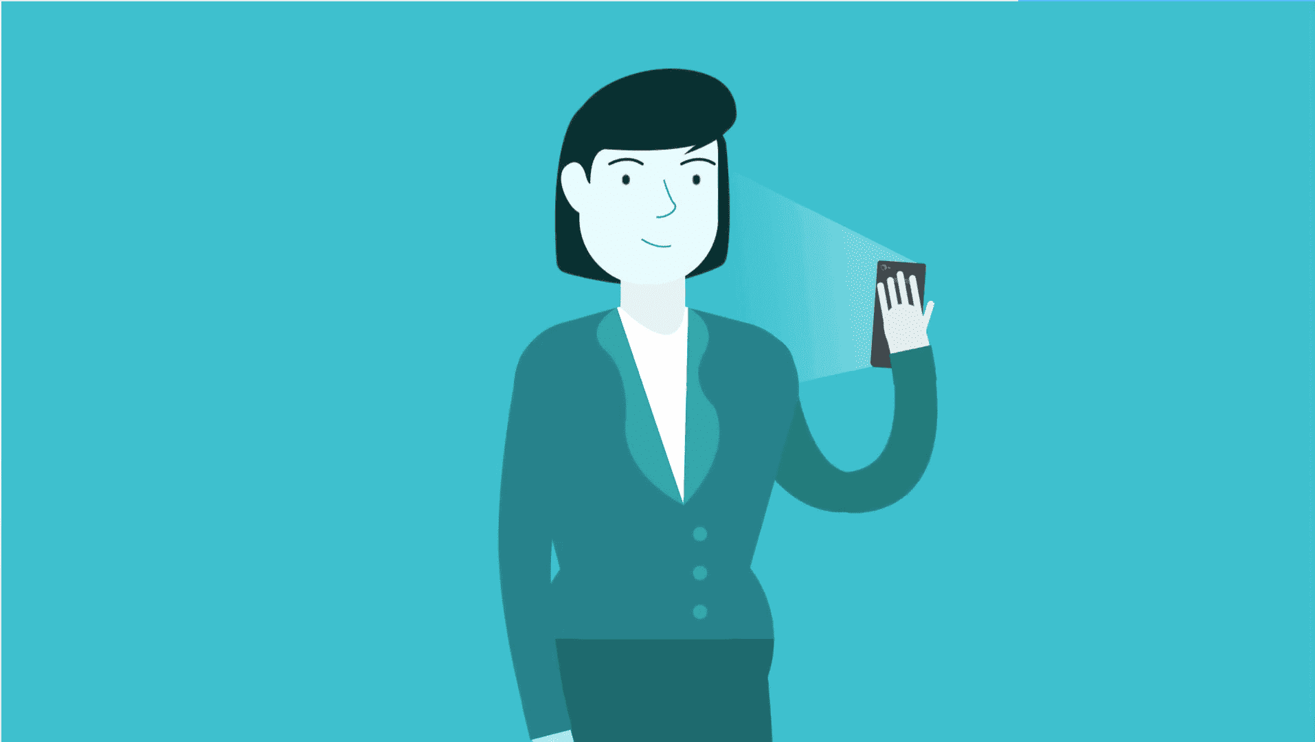 animated character looks at Mosino app on phone