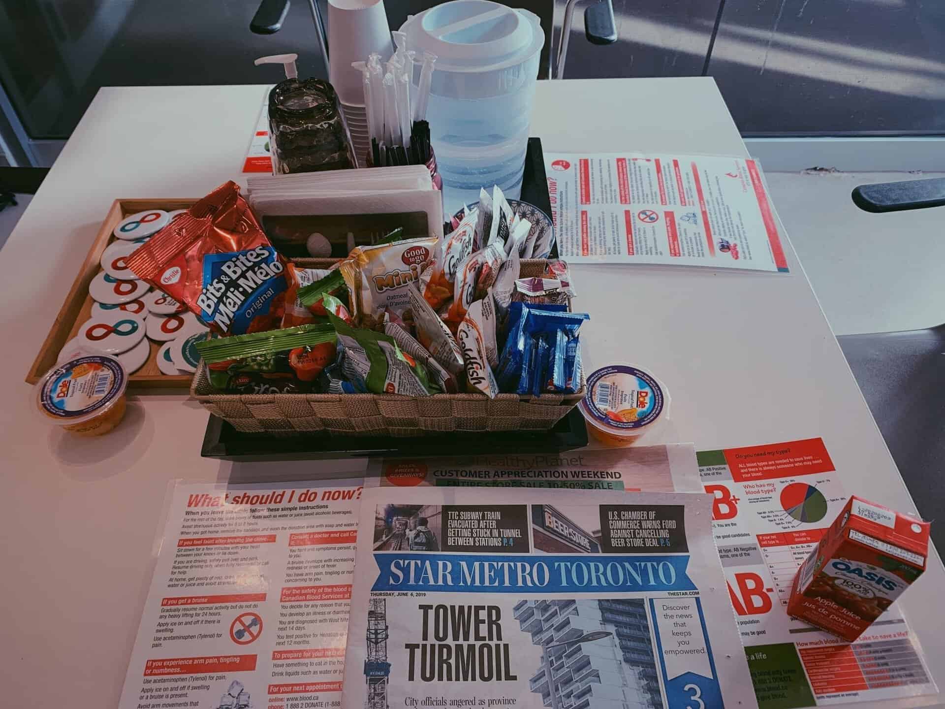 Canadian Blood Services donor snack table