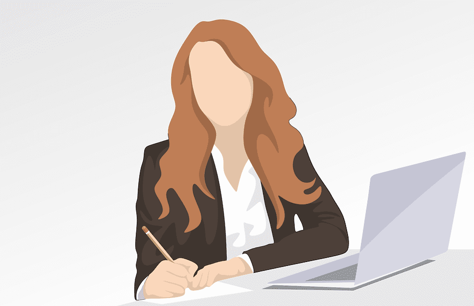 icon of woman at computer, taking notes