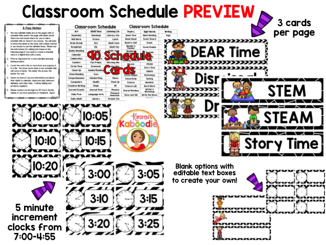 Classroom Schedule Cards and Clocks - Black and White Theme