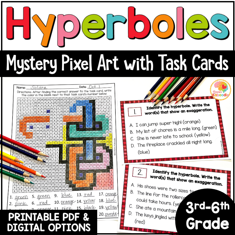 Hyperbole Pixel Art Color by Code Task Cards Activity Coloring Page: Print & Digital