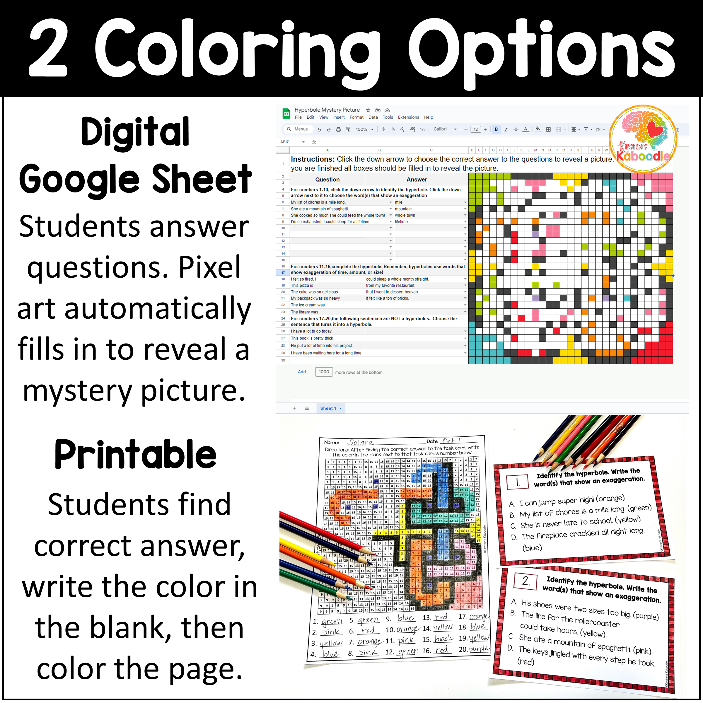 Hyperbole Pixel Art Color by Code Task Cards Activity Coloring Page: Print & Digital - Image 4