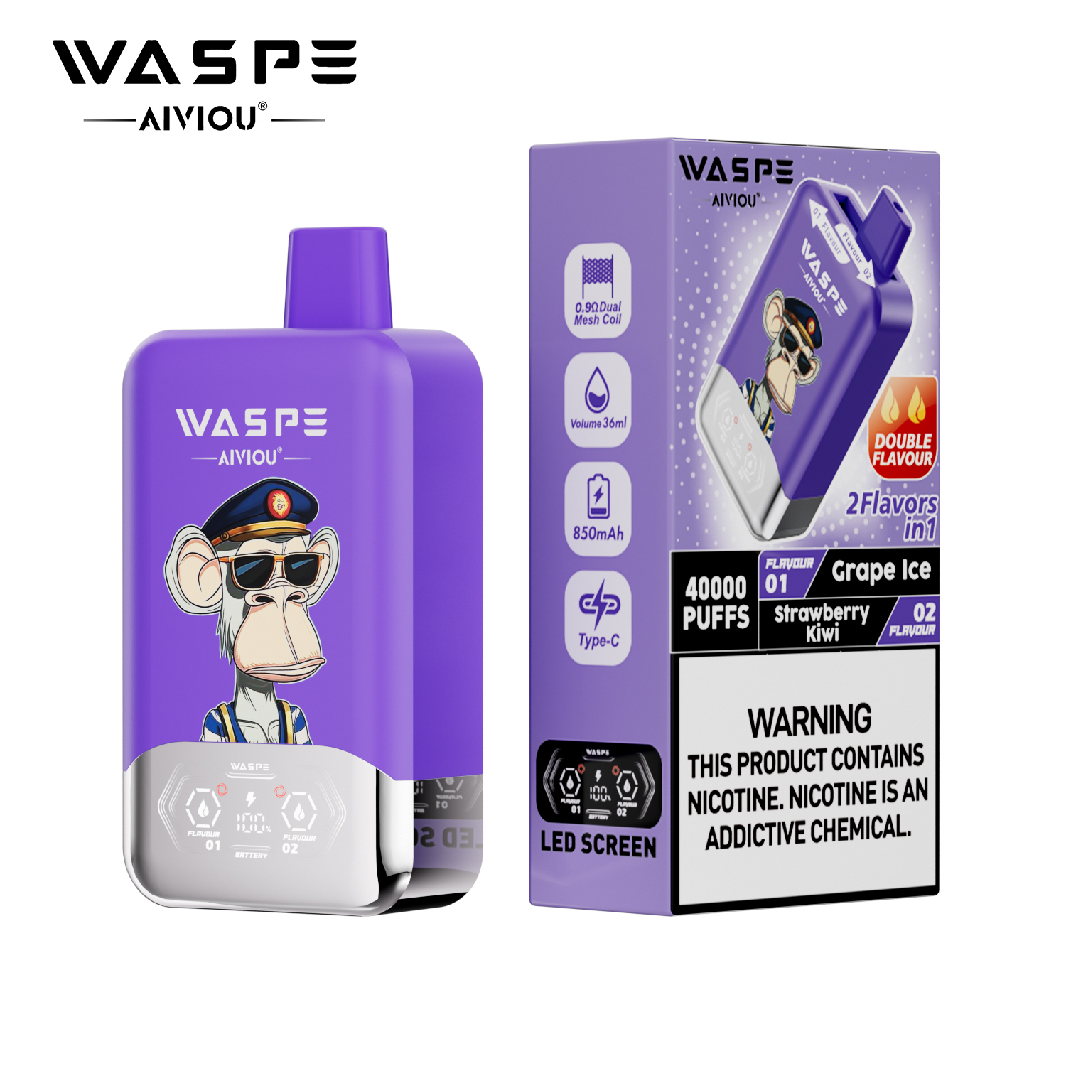 WASPE AIVIOU 40000 Grape Ice & Strawberry Kiwi – Bild 2