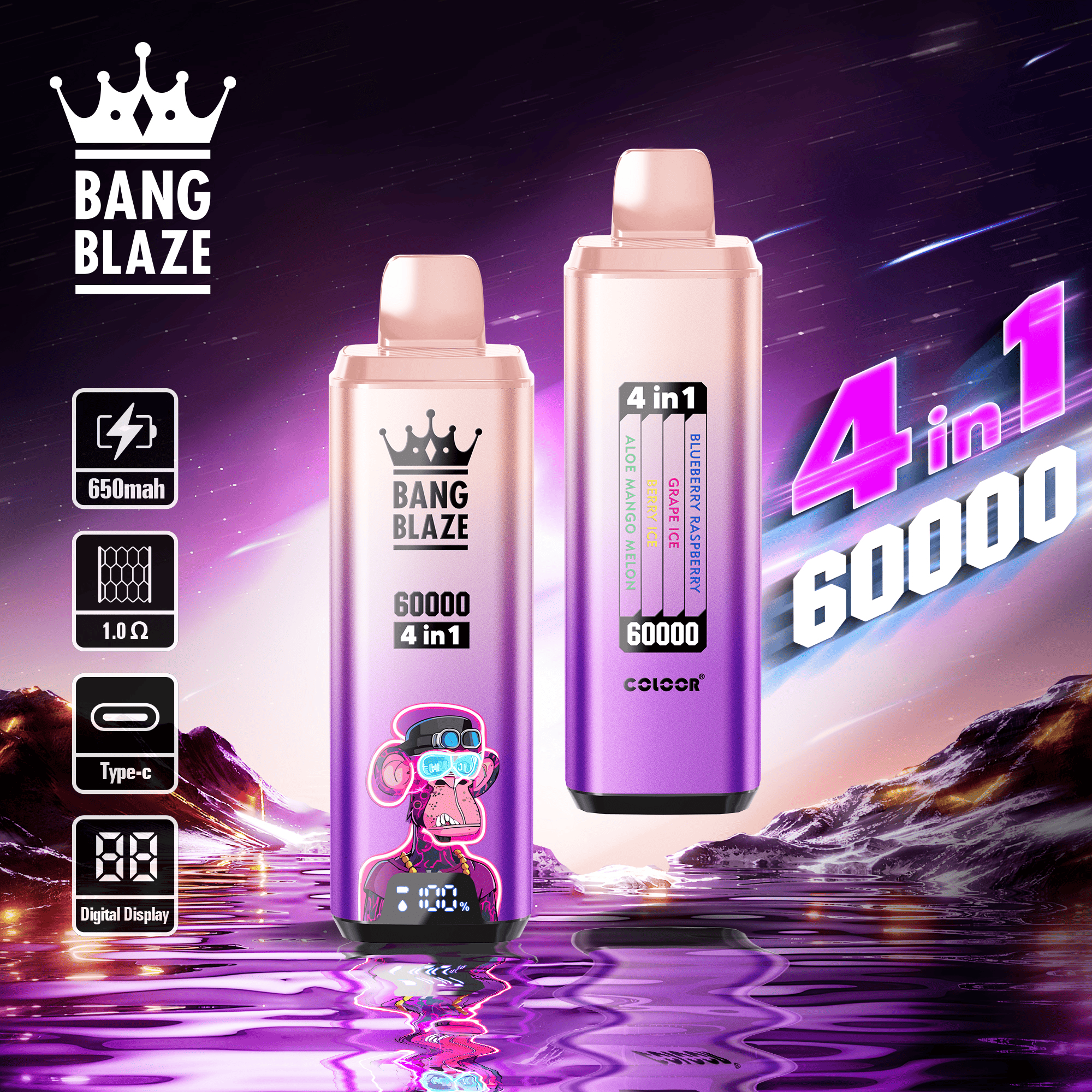 Bang Blaze 60000 Blueberry Raspberry & Grape Ice & Berry Ice & Aloe Mango Melon