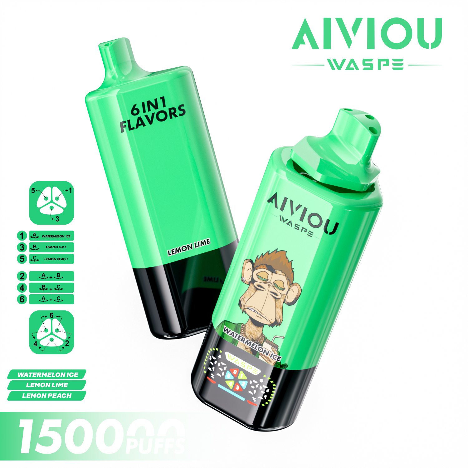 WASPE AIVIOU 6 in 1 150K Watermelon Ice & Lemon Lime & Lemon Peach