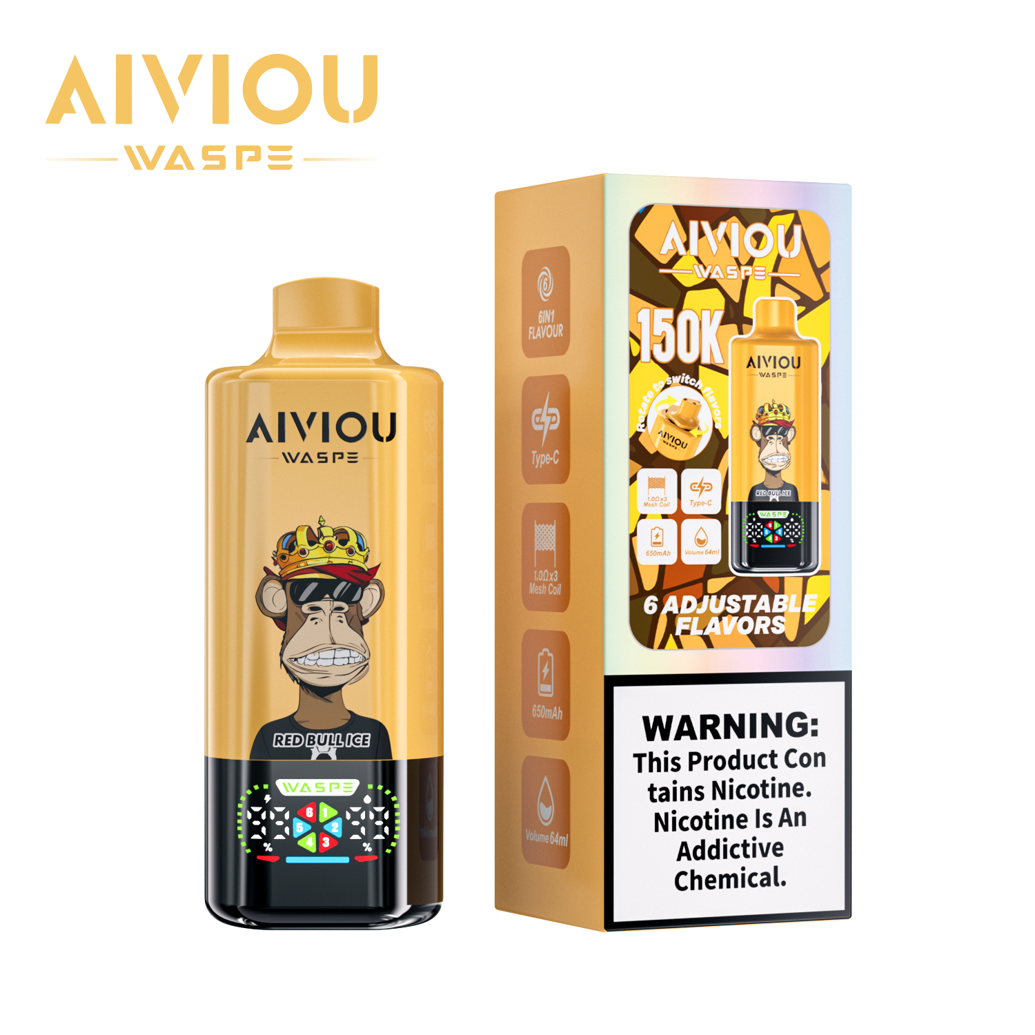 WASPE AIVIOU 6 in 1 150K Red Bull Ice & Raspberry Pomp & Sour Mango Strawberry – Bild 2