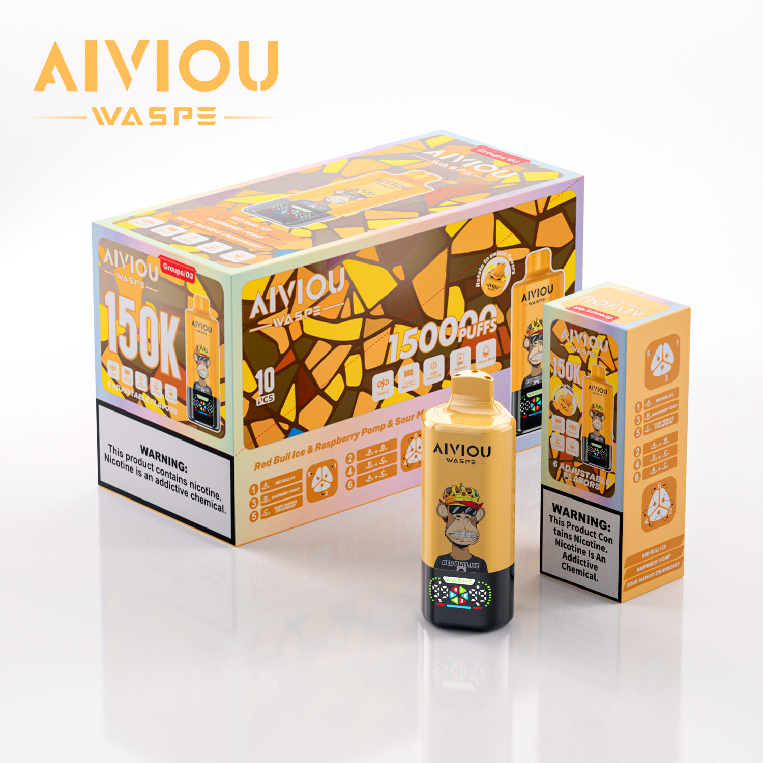 WASPE AIVIOU 6 in 1 150K Red Bull Ice & Raspberry Pomp & Sour Mango Strawberry – Bild 3