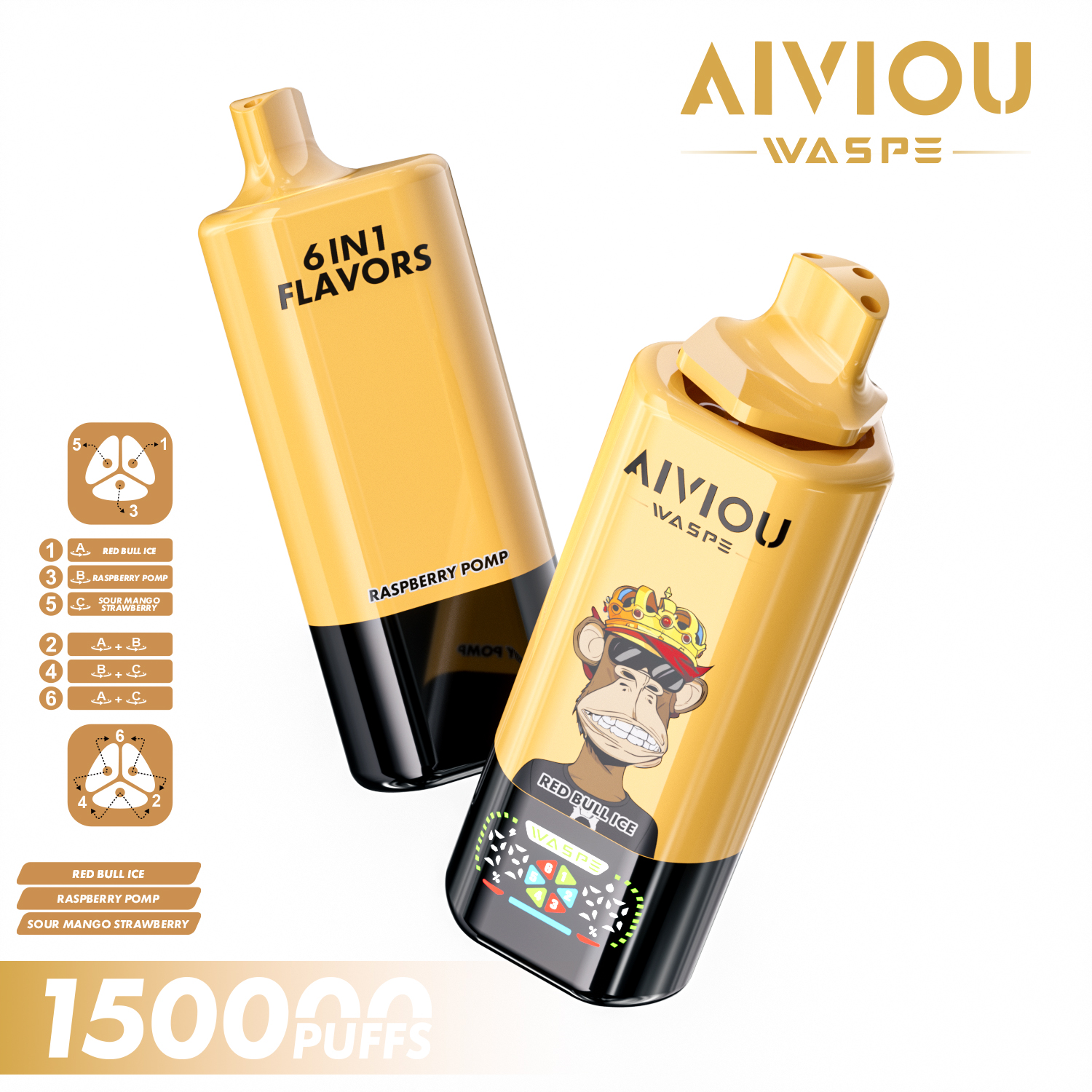 WASPE AIVIOU 6 in 1 150K Red Bull Ice & Raspberry Pomp & Sour Mango Strawberry