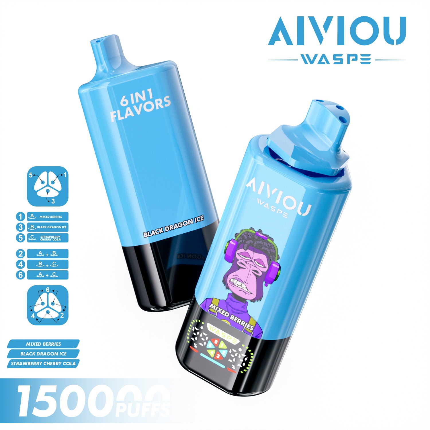 WASPE AIVIOU 6 in 1 150K Mixed Berries & Black Dragon Ice & Strawberry Cherry Cola