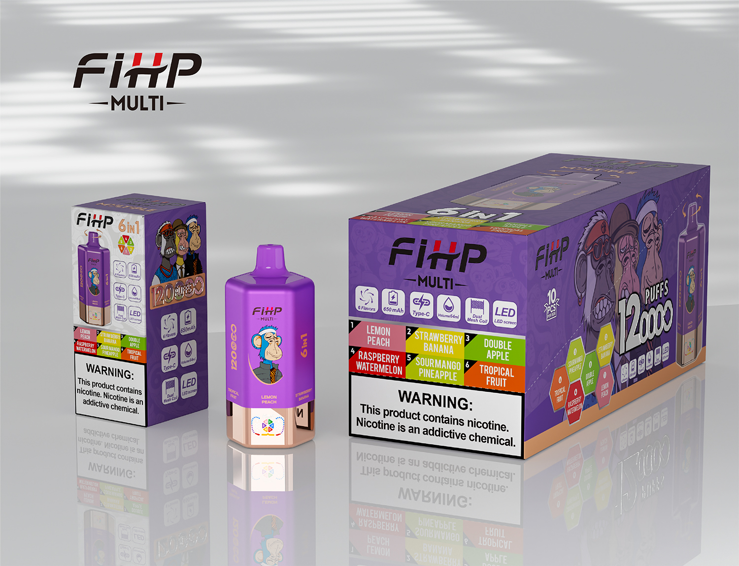 FIHP 120K 6in1 Lemon Peach & Strawberry Banana & Double Apple & Raspberry Watermelon & Sour Mango & Pineapple & Tropical Fruit – Bild 3